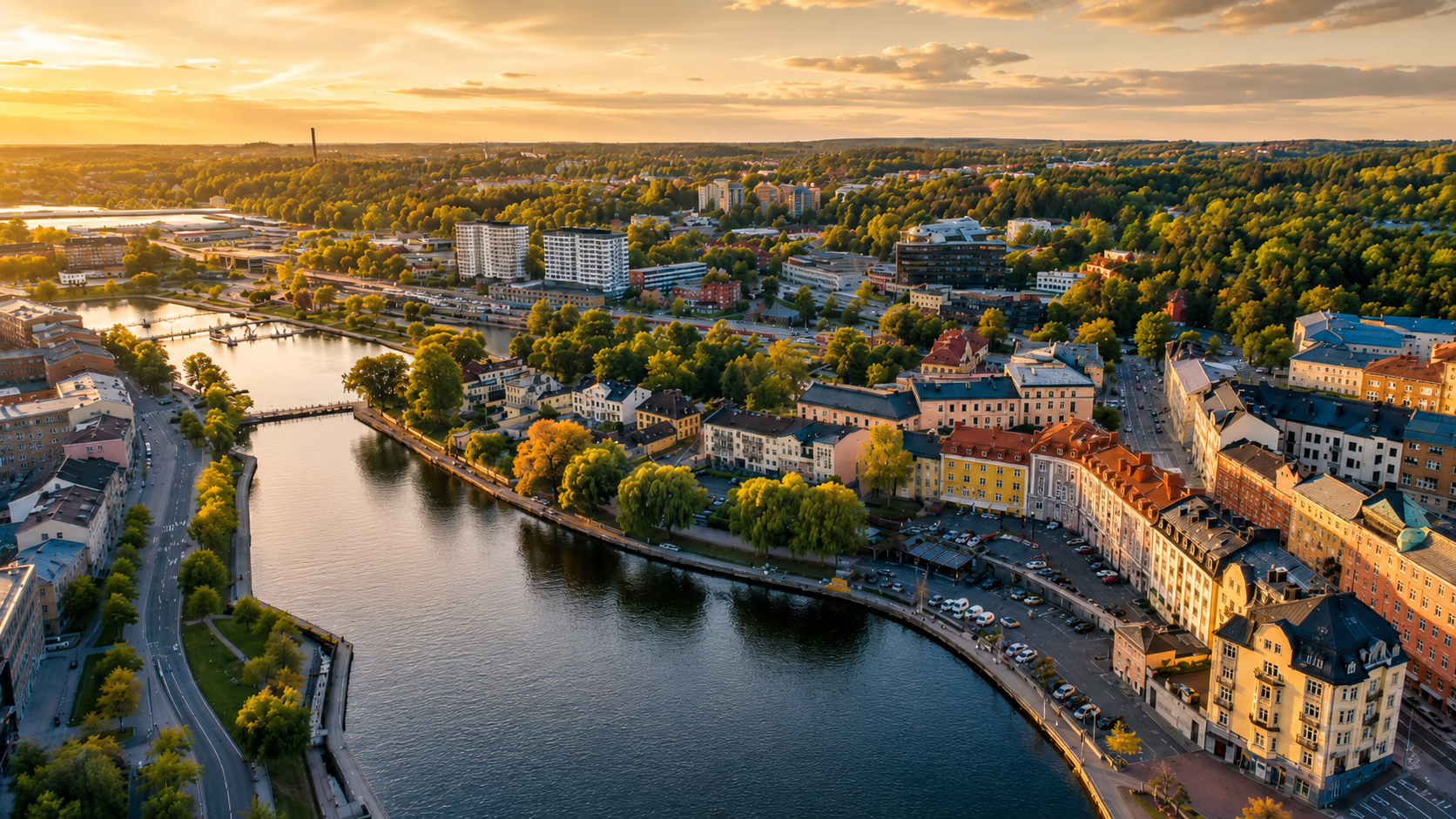 Flygfoto över Södertälje centrum och kanalen vid solnedgång